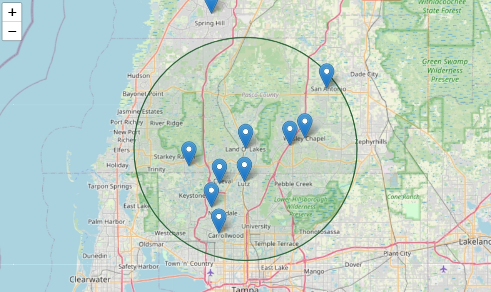 Service Area Map Tampa Bay Lawn Care Coverage at McGuire's Outdoors, Land O Lakes FL